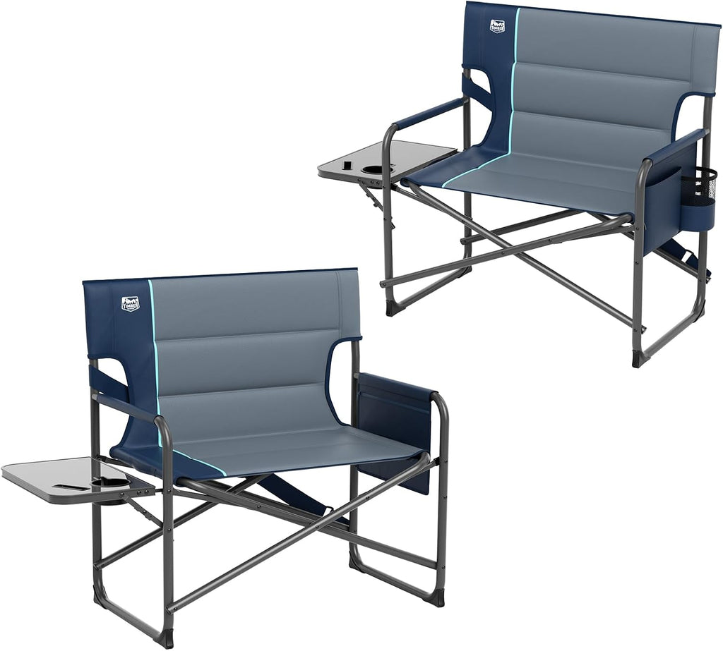 TIMBER RIDGE XXL Director’s Chair – Heavy Duty Folding Chair with Side Table, 500 lb Capacity, Extra Wide Padded Seat for Camping, Sports, Beach, Patio, and Outdoor Use, Blue-2 Pack