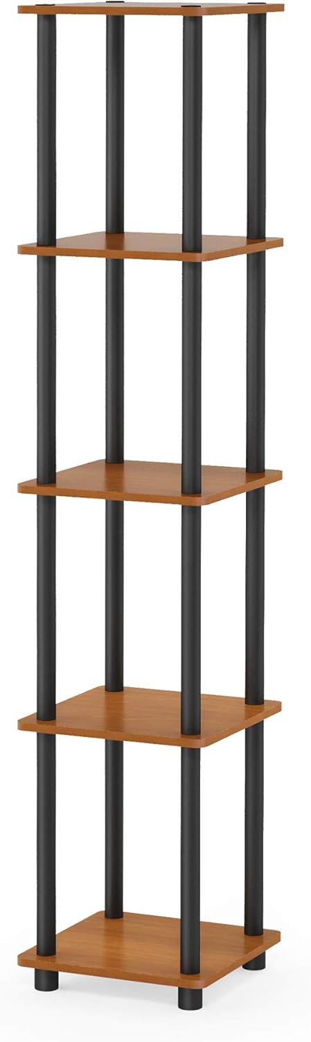 FURINNO Turn-N-Tube 5-Tier Corner Square Rack Display Shelf, Round, Light Cherry/Black