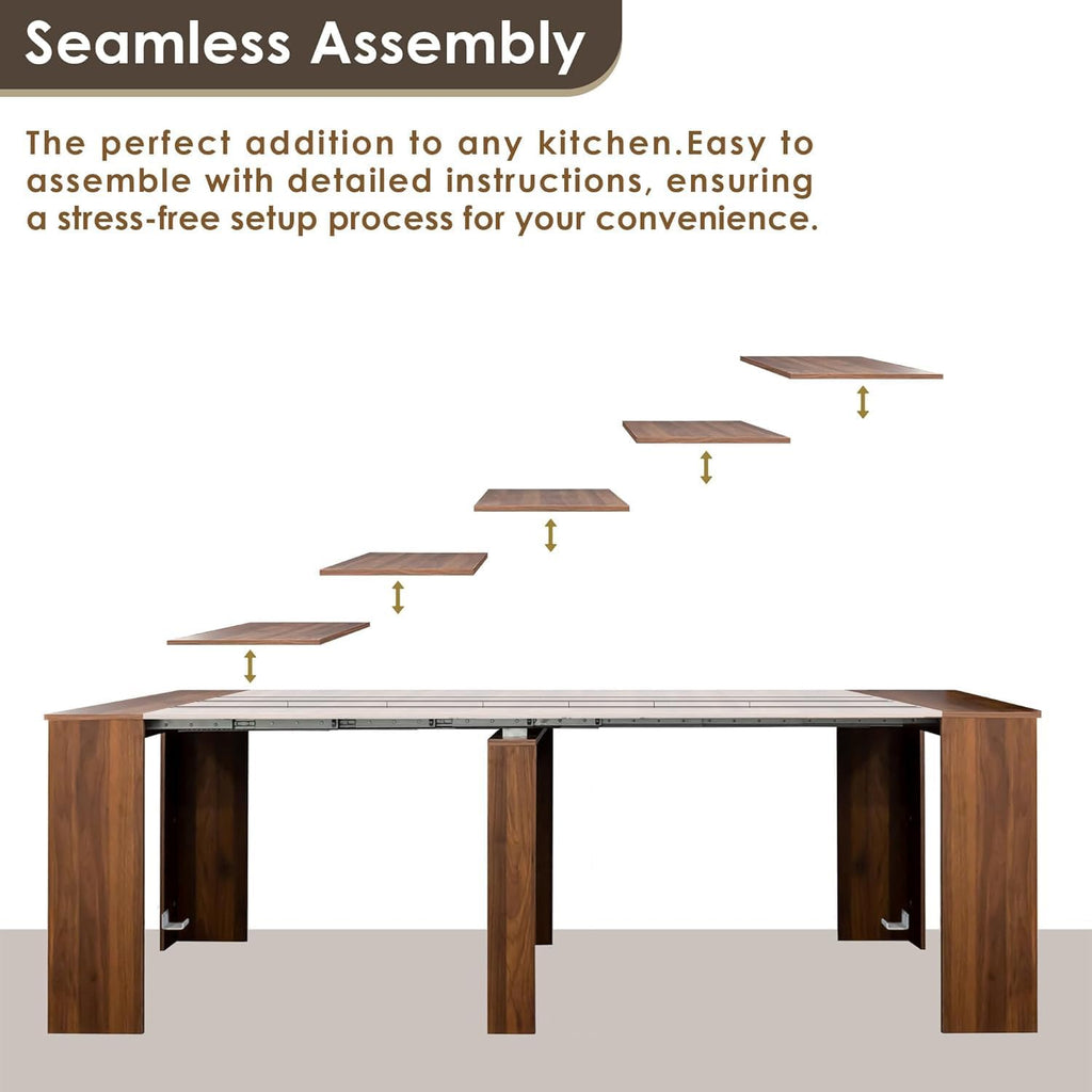Extendable Dining Table, Transformer Extra Console Table for 1-12 People, Folding Space Saving Dining Room Table for Homes, Apartments, Walnut
