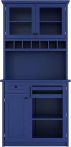 Kitchen Pantry Storage Cabinet, Tall Freestanding Farmhouse Buffet with Hutch 74.8” Tall, Adjustable Shelves & Wine Rack Built in, Large Cupboard for Living Room, Dining Room, Blue
