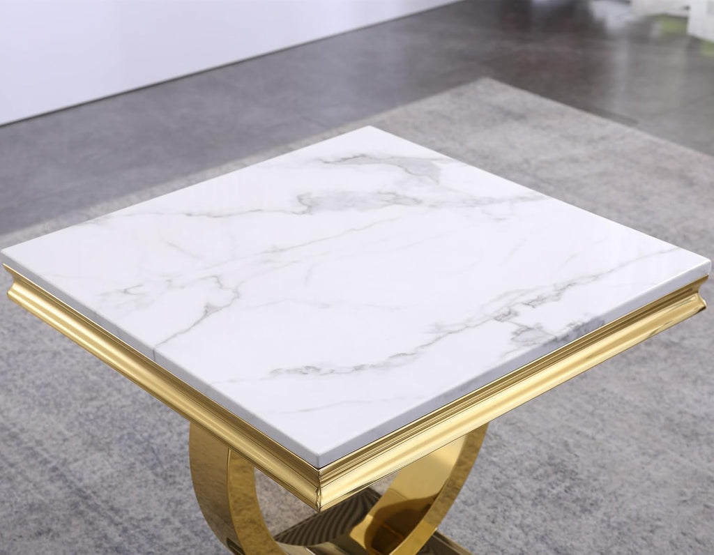 Modern Luxury Faux Marble End Table with Polished Gold Stainless Steel Base Square White Marble Side Table Elegant Small Bedside Table for Living Room Bedroom Office