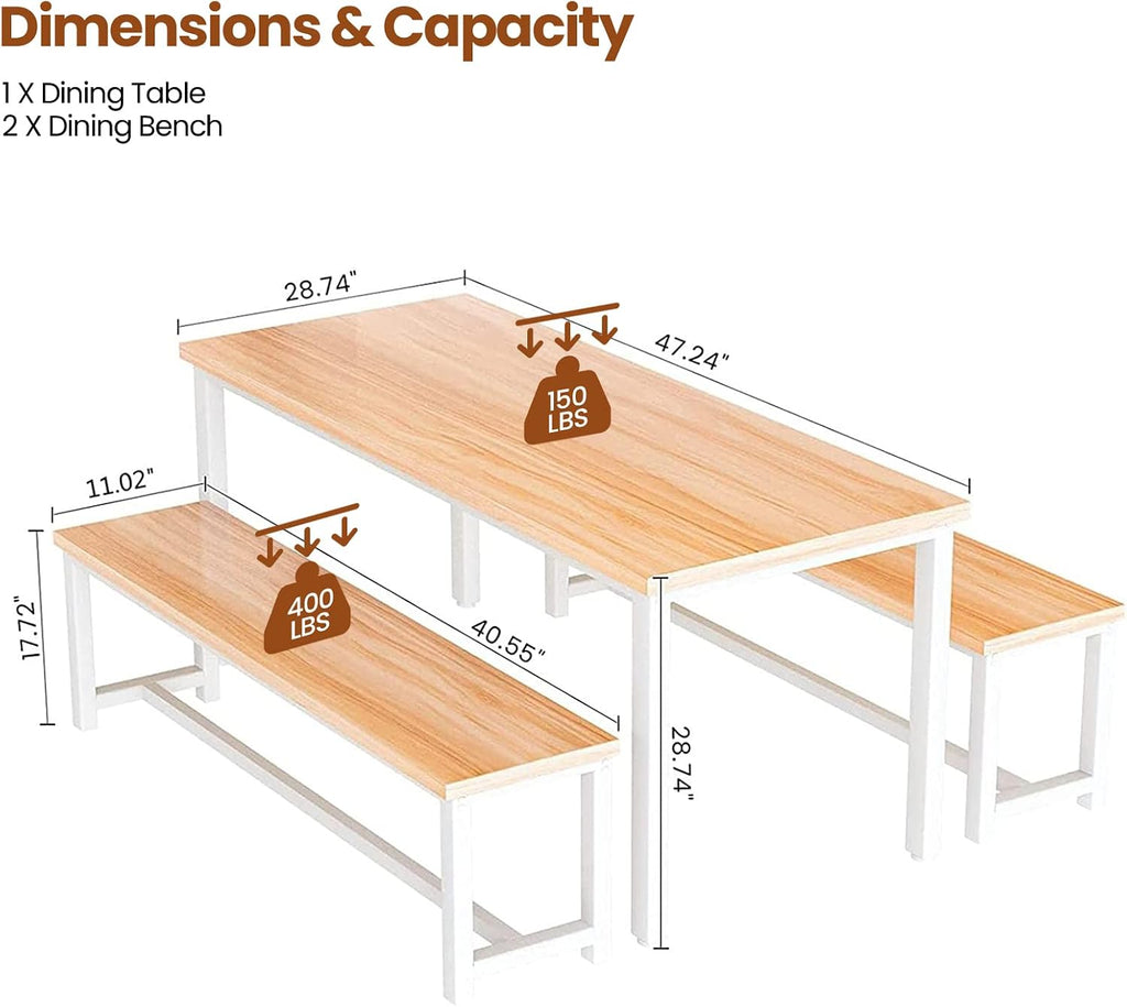 DKLGG Dining Table Set for 4, Wooden Kitchen Table with 2 Dining Bench | 47.2” Farmhouse Dining Room Table Set, Space Saving Table and Chairs Set for Small Space, Kitchen,Dining Room,Apartment