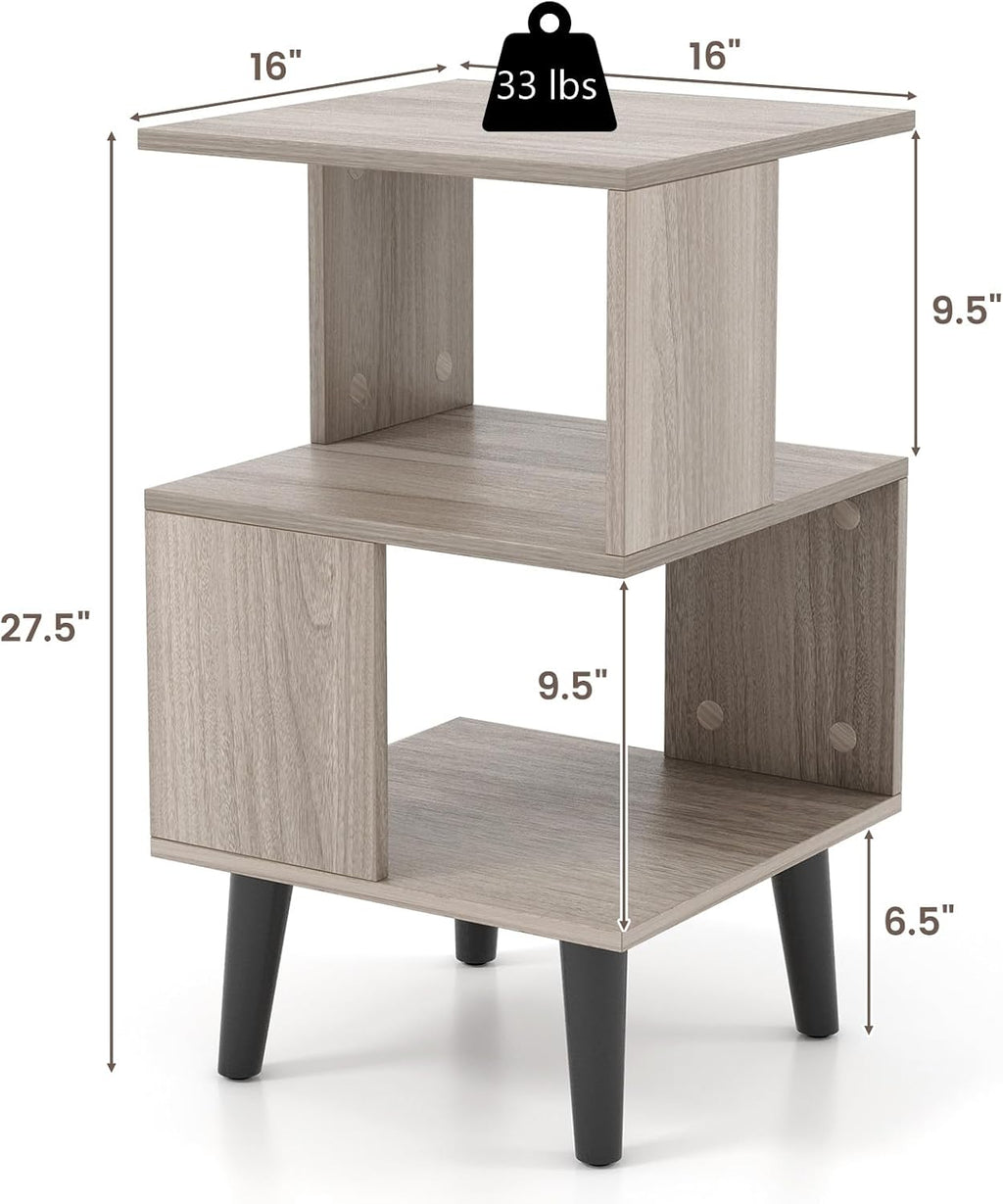 Giantex End Table, Wood Nightstand with Legs, Accent Sofa Side Table Open Storage Shelves, Small Bookcase for for Living Room Bedroom Study Room (Light Grey)