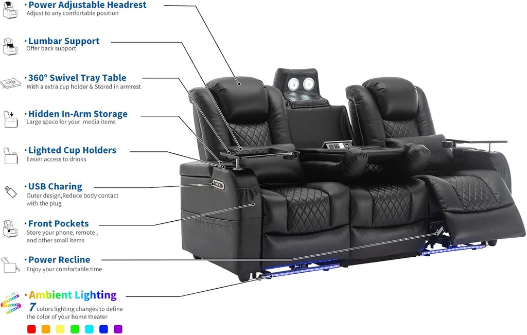 Airadlis Dual Power Home Theater Seating with 7-Color LED, Black, Row of 3 | Zero gravity recliner sofa, USB and Type-C charging, swivel tray and cup holder, lumbar pillow, 4” wall clearance