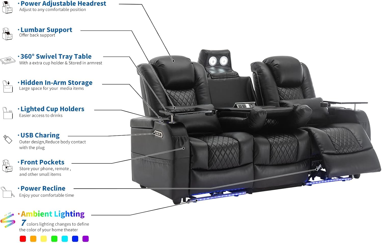 Airadlis Dual Power Home Theater Seating with 7-Color LED, Black, Row of 3 | Zero gravity recliner sofa, USB and Type-C charging, swivel tray and cup holder, lumbar pillow, 4” wall clearance
