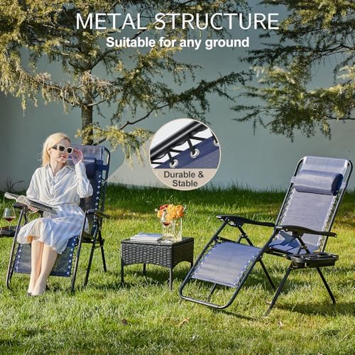 Sweetcrispy Zero Gravity Chairs Set of 2, Outdoor Folding Reclining Lounge Chair with Cup Holder Tray & Adjustable Pillow, Portable Camping Beach Patio Poolside Lawn Yard Chair, Classic Blue