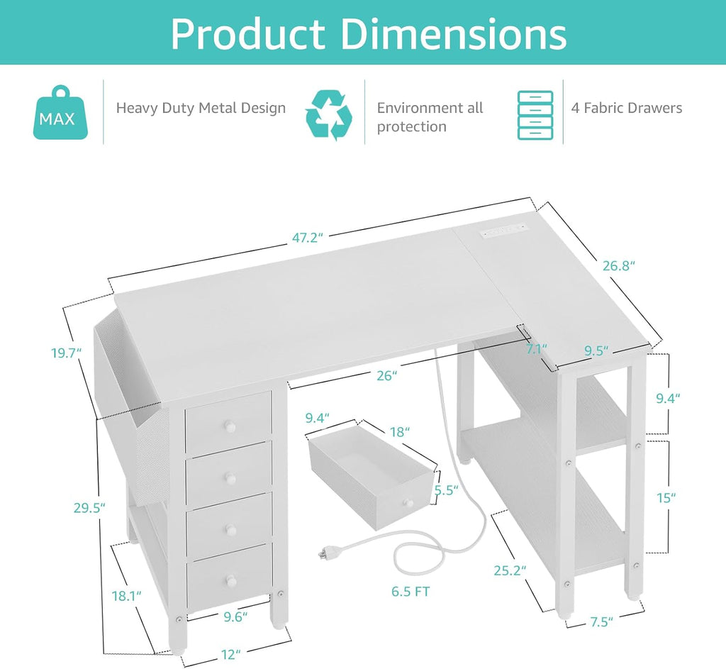 Lufeiya White L Shaped Computer Desk with Drawers & Storage Shelves, 47 Inch Corner Reversible Desk with Power Outlet for Home Office Bedroom, L-Shaped Teen PC Desks with Fabric Drawer, White