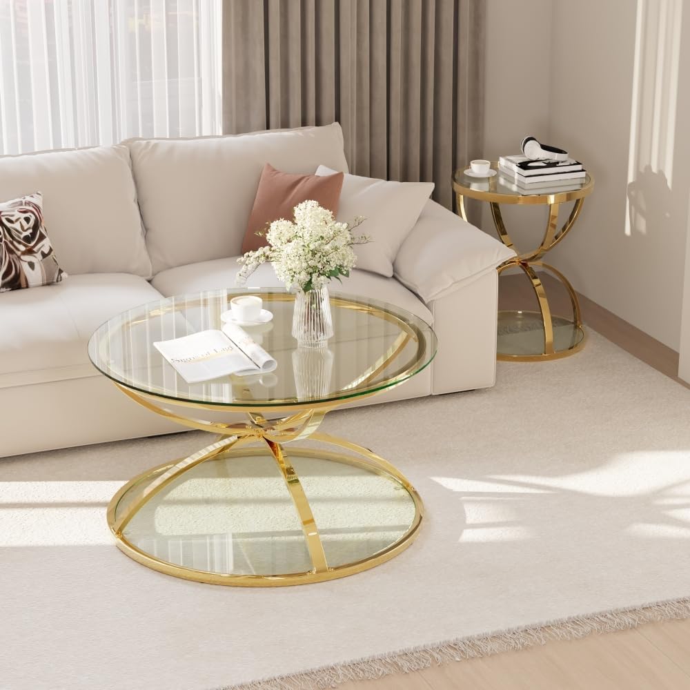 Round Coffee Table Set of 2, Gold Metal Frame with Clear Tempered Glass | Ring-Shaped Frames with Two Clear Glass Tiers for Living Room, Bedroom, or Office