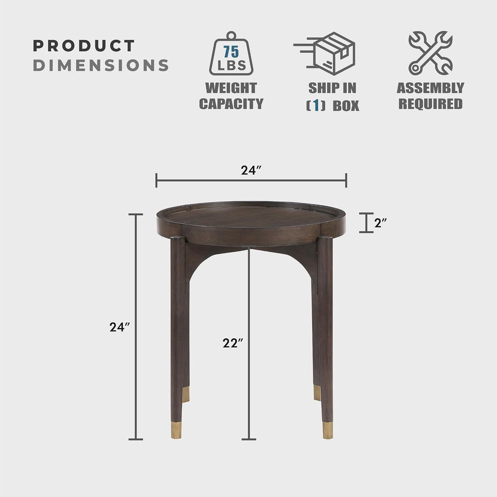 Lexicon Wood Round End Table with Gold Metal Cap, 36" Dia. Mid Century Modern Round Birch Wood Veneer Sofa Side Table for Contemporary Living Room, Easy Assembly, Dark Brown