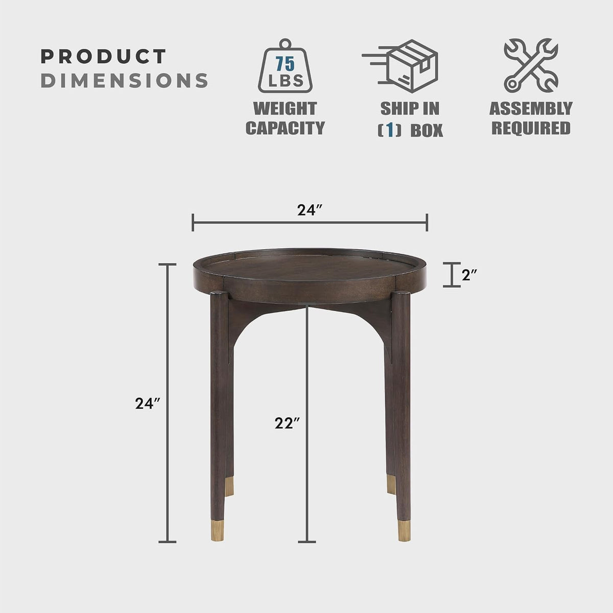 Lexicon Wood Round End Table with Gold Metal Cap, 36" Dia. Mid Century Modern Round Birch Wood Veneer Sofa Side Table for Contemporary Living Room, Easy Assembly, Dark Brown