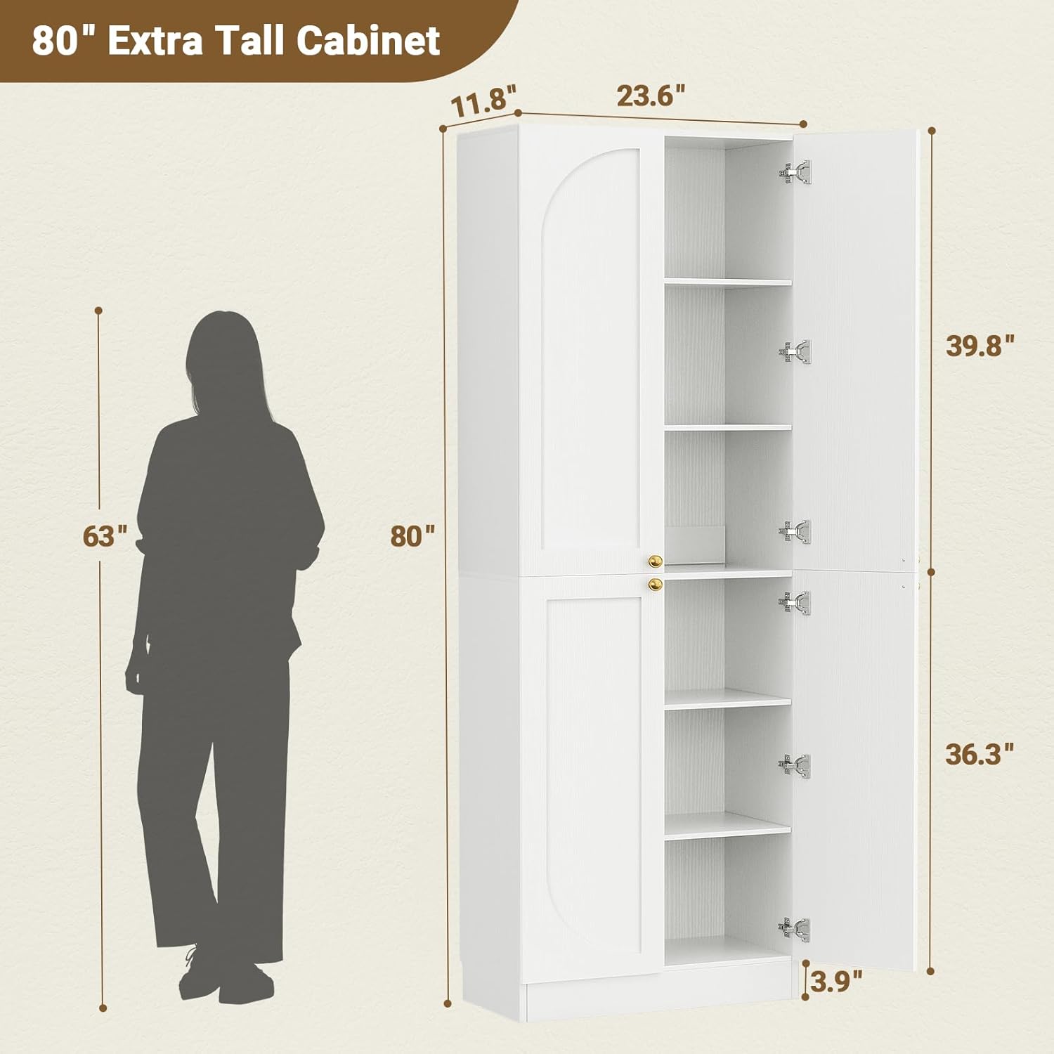 Cyclysio 80" Kitchen Pantry with 4 Soft Close Doors, Seamless Fit Wall | Extra Tall Arch Storage Cabinet with Adjustable Shelves, Freestanding Wood Cupboard for Dining Living Room Bathroom Furniture