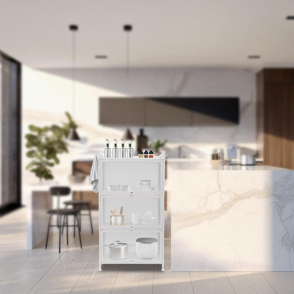 Kitchen Sideboard Pantry Cabinets with Hooks, 4 Tier Kitchen Organizer Shelf for Dishes, Wine, Pots and Pans with 4 Hooks, Modern Food Pantry Cabinets with Drawer for Kitchen Dining Living Room, White