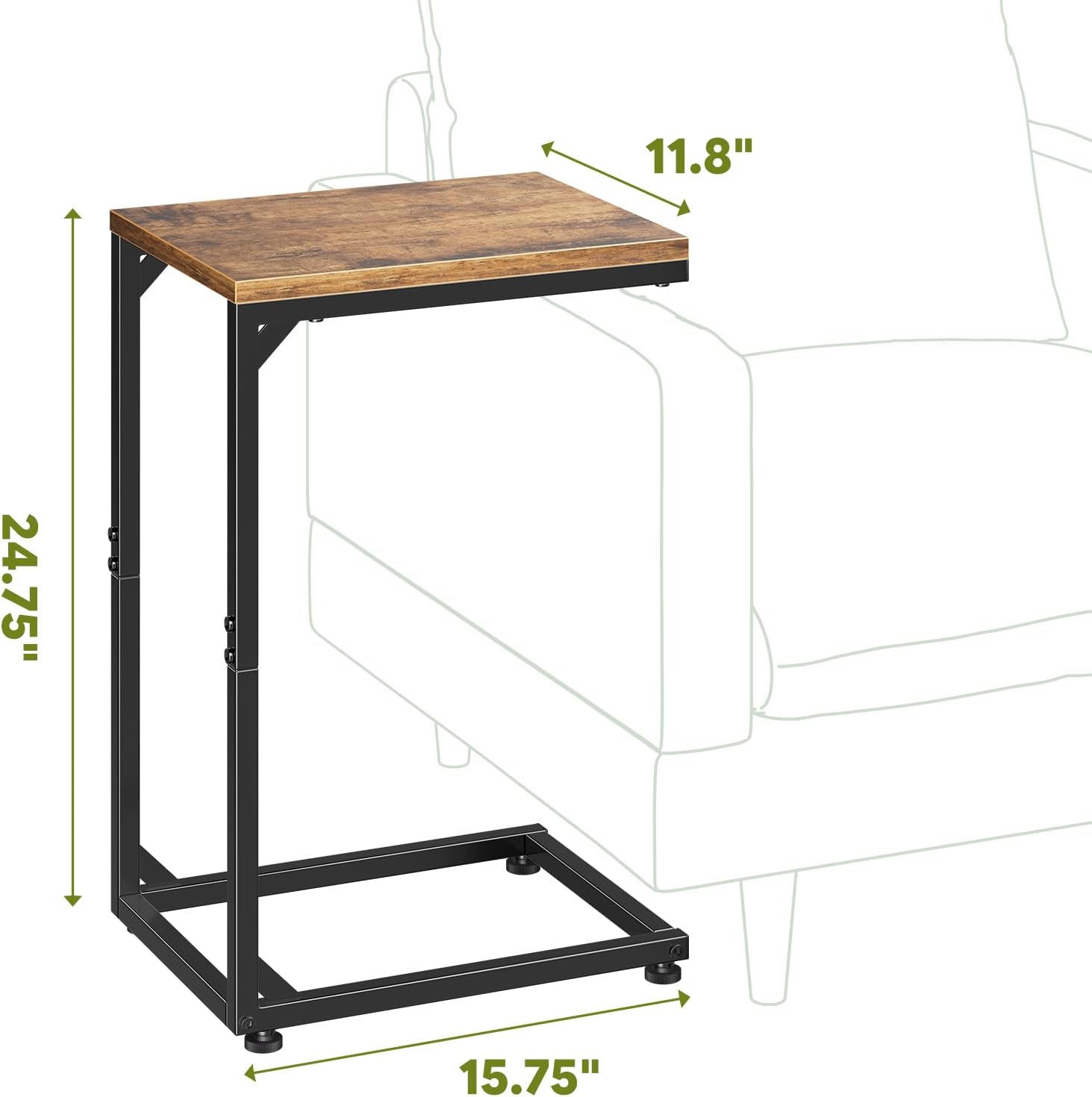 Simple Trending C Shaped End Table, TV Tray for Couch, Small Side Table with Metal Frame, for Living Room Bedroom, Rustic Brown