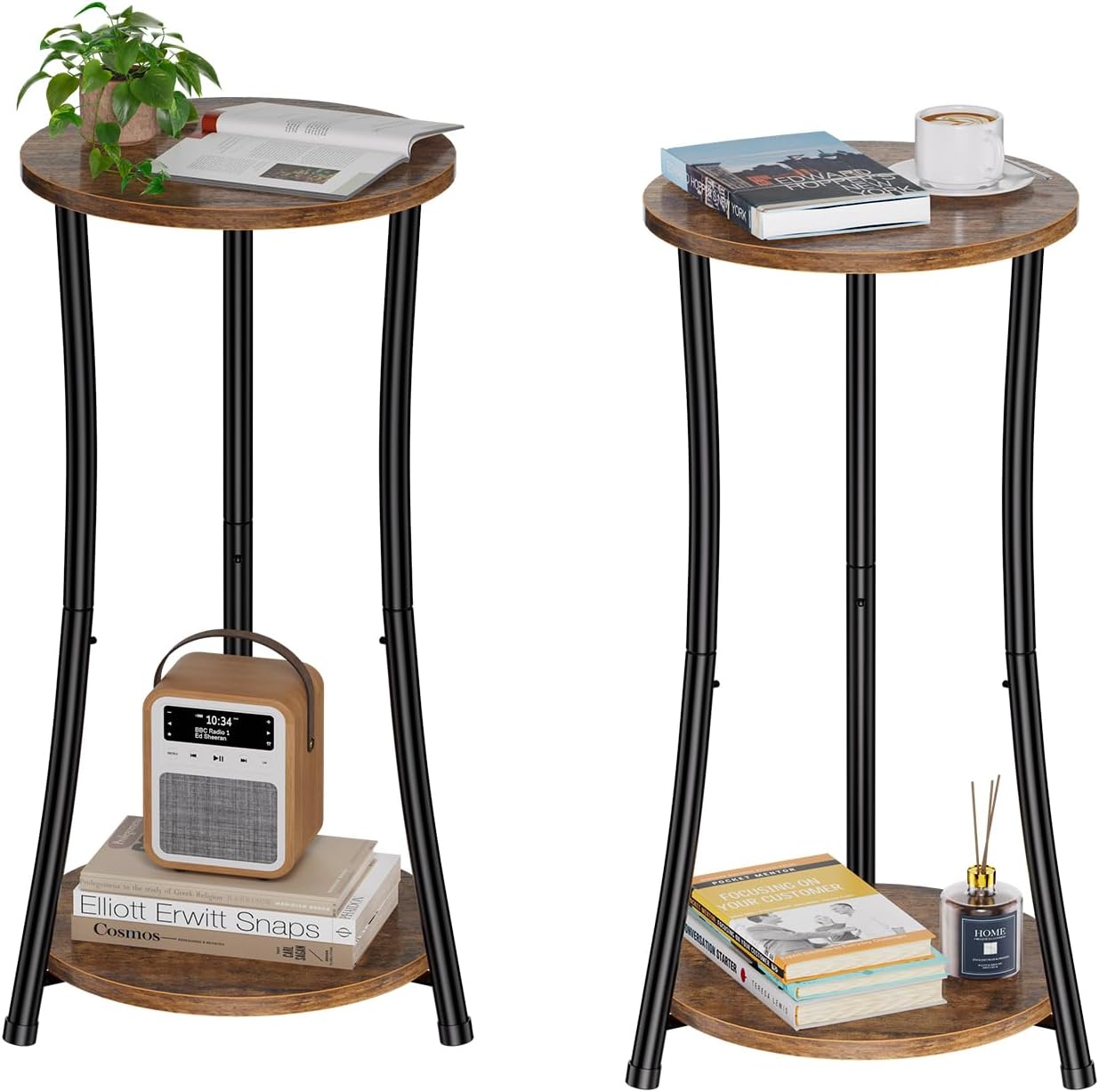 Simple Trending Round Side Table, 2 Tiers End Table for Living Room with Storage Shelf, Slim Sofa Table Set of 2, Rustic Brown