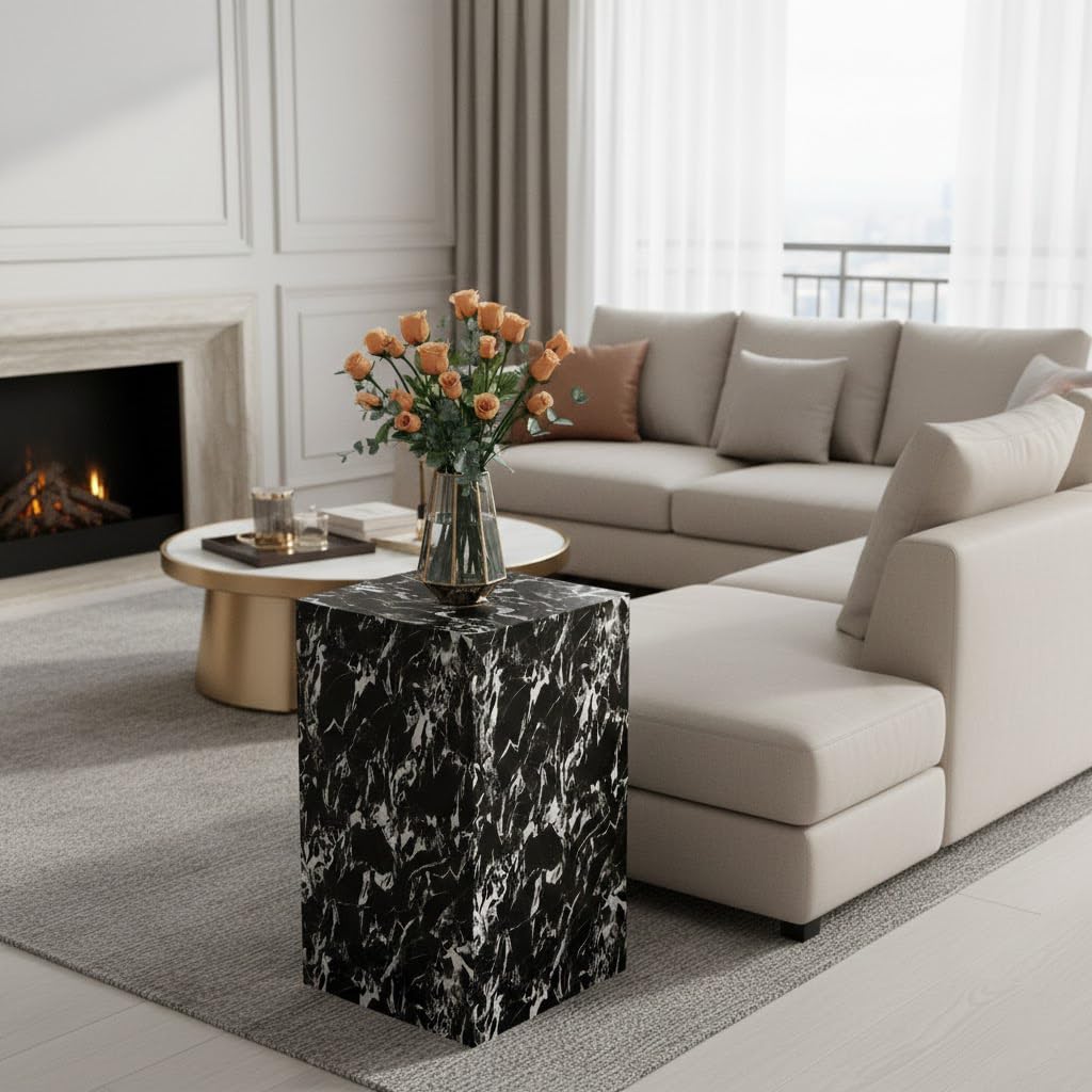 Modern Marble Side Table, 20" Small Square End Table for Living Room, Bedroom, Exhibition Hall, Suitable for Displaying Vases, Statues, Table Lamps, etc. (MAXCAP: 90 Lbs) Napoleon Black