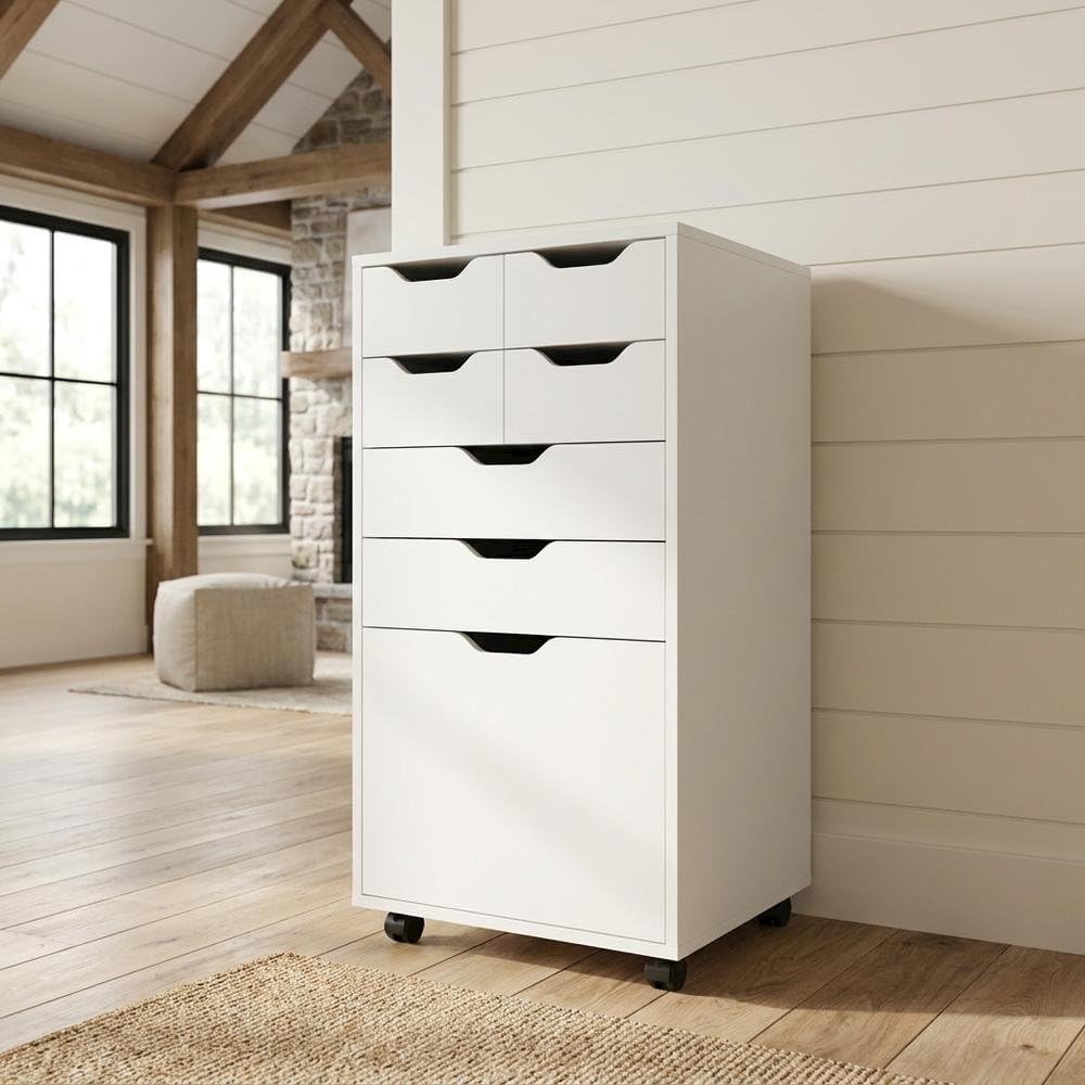 Furnifact White Tall Mobile Storage Cabinet, Multi-Storage Rolling Pantry, Contemporary Design, Durable Steel Frame, Easy Mobility and Spacious Organization