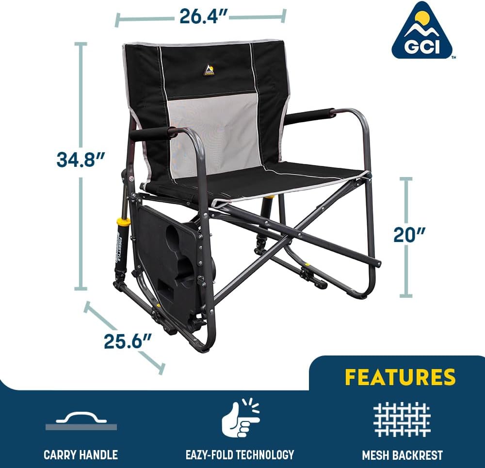 GCI Outdoor Freestyle Rocker XL with Side Table Camping Chair | Portable Folding Rocking Chair with Solid, Durable Armrests, Drink Holder & Comfortable Backrest — Black