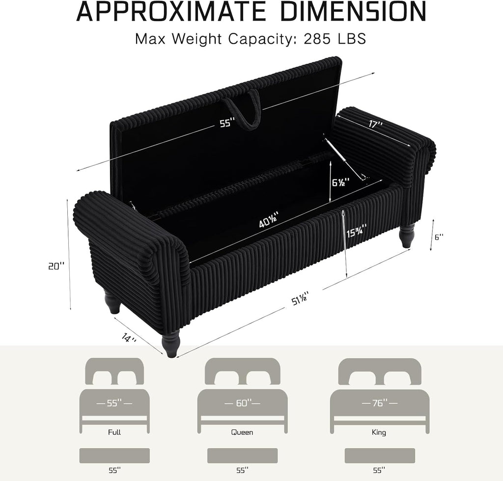 55" Corduroy Storage Ottoman Bench, Queen Bed, Black | End of Bed, Bedroom/Entryway/Closet, Window Seat, Lift-Top Storage, Tufted Button, Solid Wood Legs, for Queen & King