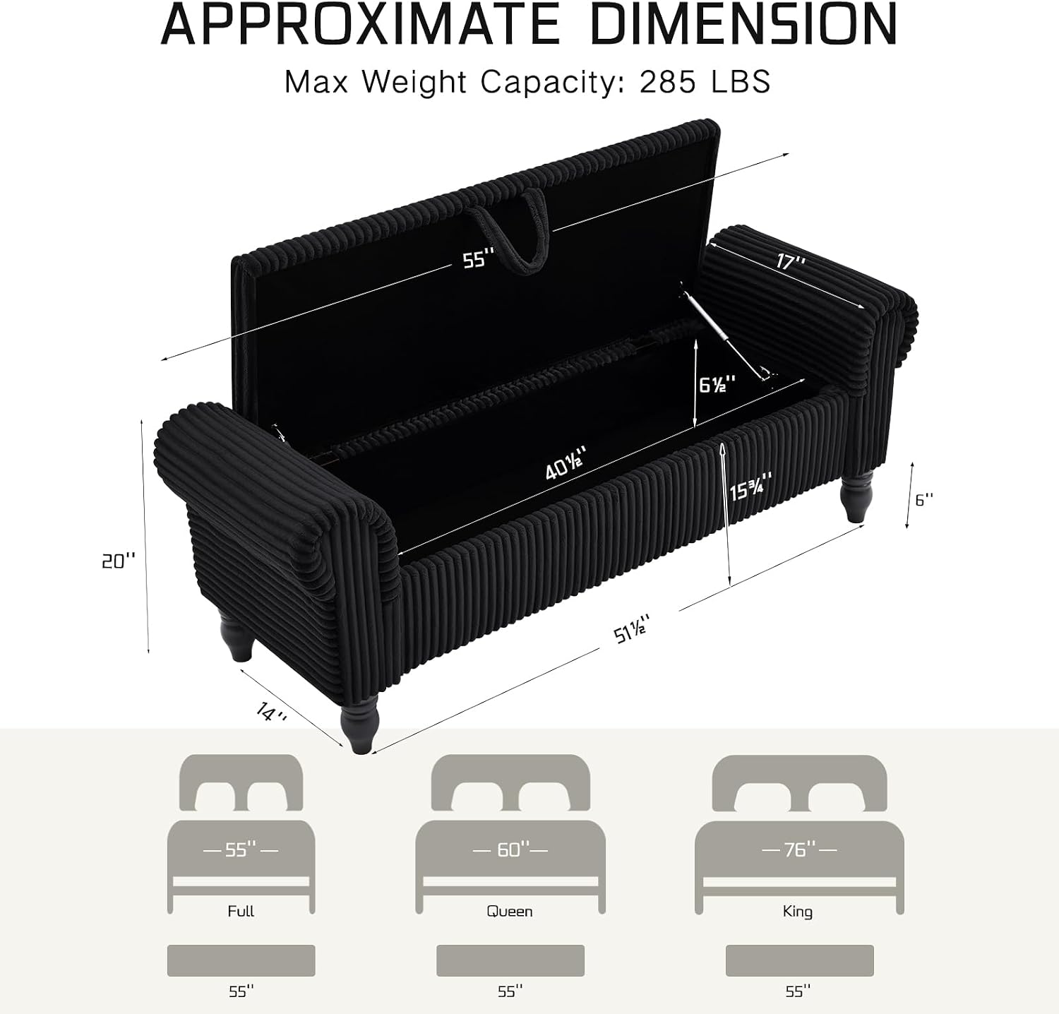55" Corduroy Storage Ottoman Bench, Queen Bed, Black | End of Bed, Bedroom/Entryway/Closet, Window Seat, Lift-Top Storage, Tufted Button, Solid Wood Legs, for Queen & King