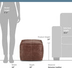 SIMPLIHOME Sheffield 18" Wide Square Genuine Leather Pouf in Brown | Distressed brown boho footrest, extra seating and accent piece for living room or bedroom, assembled; pouf ottoman.