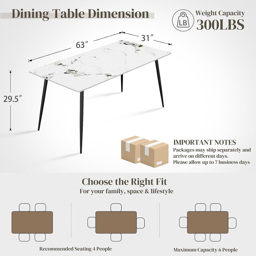 63" Sintered Stone Dining Table, Modern Rectangular Kitchen Table with Carbon Steel Legs for 4-6 Seat, Scratch Heat and Stain Resistant for Dining Room/Restaurant (White w/Black Gold Vein)