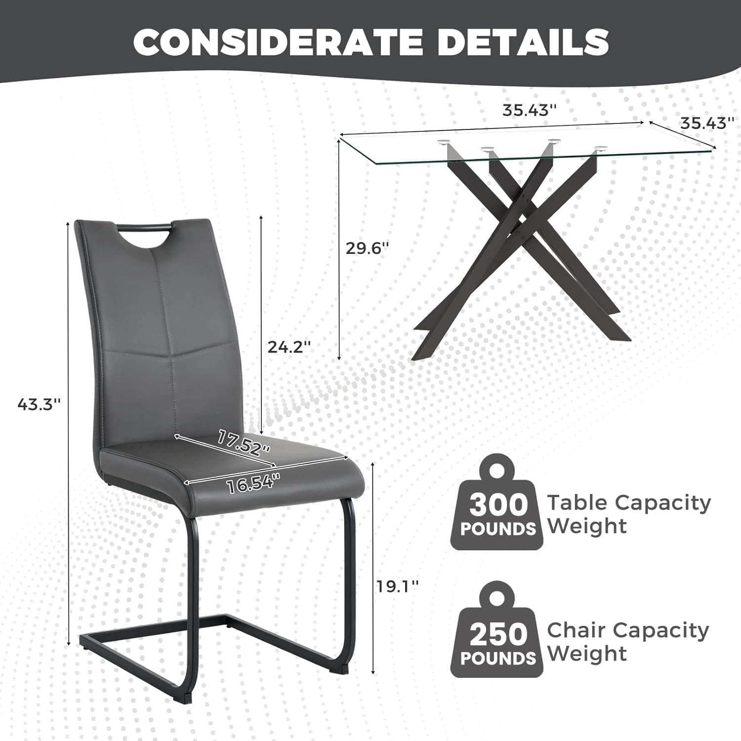51.18" W Glass Dining Table Set for 4, Modern Rectangular Glass Kitchen Table with Black Metal Legs, 4 PU Leather Chairs with Black Legs, for Dining Room, Home -Dark Grey