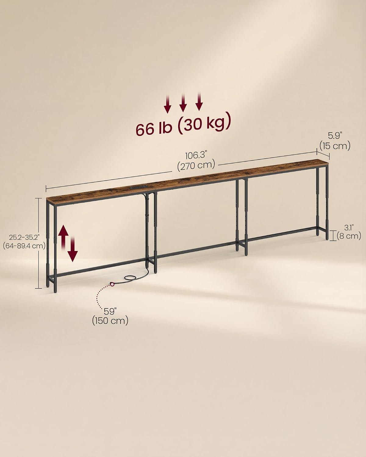 VASAGLE 106.3"Console Table, 25.2-35.2"Height Adjustable, with Power Outlet | Narrow Behind Couch Table, Sofa Table Easy Assembly, Rustic Brown and Matte Black, BARNET Collection ULNT189K101
