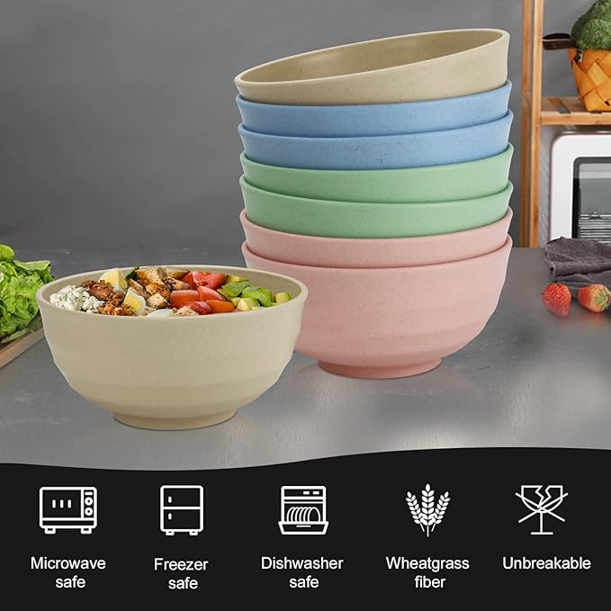 60 OZ Big Salad Bowls,Large Soup Bowl Set of 8,Wheat Straw Bowls,Serving Bowl for Wedding Parties,Microwave and Dishwasher Safe Bowl for Salad,Soup,Serving,Oatmeal Big Bowls for Kitchen - Light Color