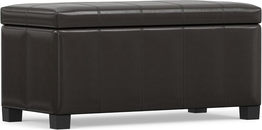SIMPLIHOME Dover 36" Wide Vegan Leather Storage Ottoman in Tanners Brown | Contemporary ottoman with lift-top and safety hinges; upholstered rectangle storage bench for living room and entryway.