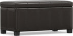 SIMPLIHOME Dover 36" Wide Vegan Leather Storage Ottoman in Tanners Brown | Contemporary ottoman with lift-top and safety hinges; upholstered rectangle storage bench for living room and entryway.