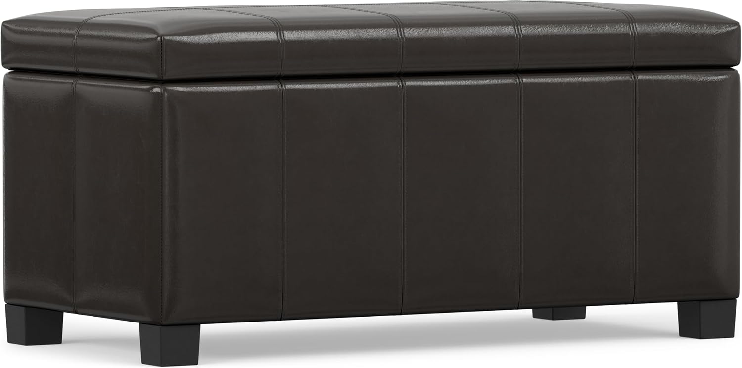 SIMPLIHOME Dover 36" Wide Vegan Leather Storage Ottoman in Tanners Brown | Contemporary ottoman with lift-top and safety hinges; upholstered rectangle storage bench for living room and entryway.