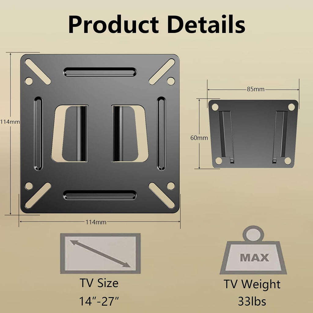 Nuyoah Monitor Wall Mount RV TV Mount Low Profile Wall Bracket VESA Mount | Small TV Mount for 14”-27” Monitor Computer Screens, Ultra Slim TV Bracket Fixed VESA 75x75 100x100mm Easy Mount for Camper