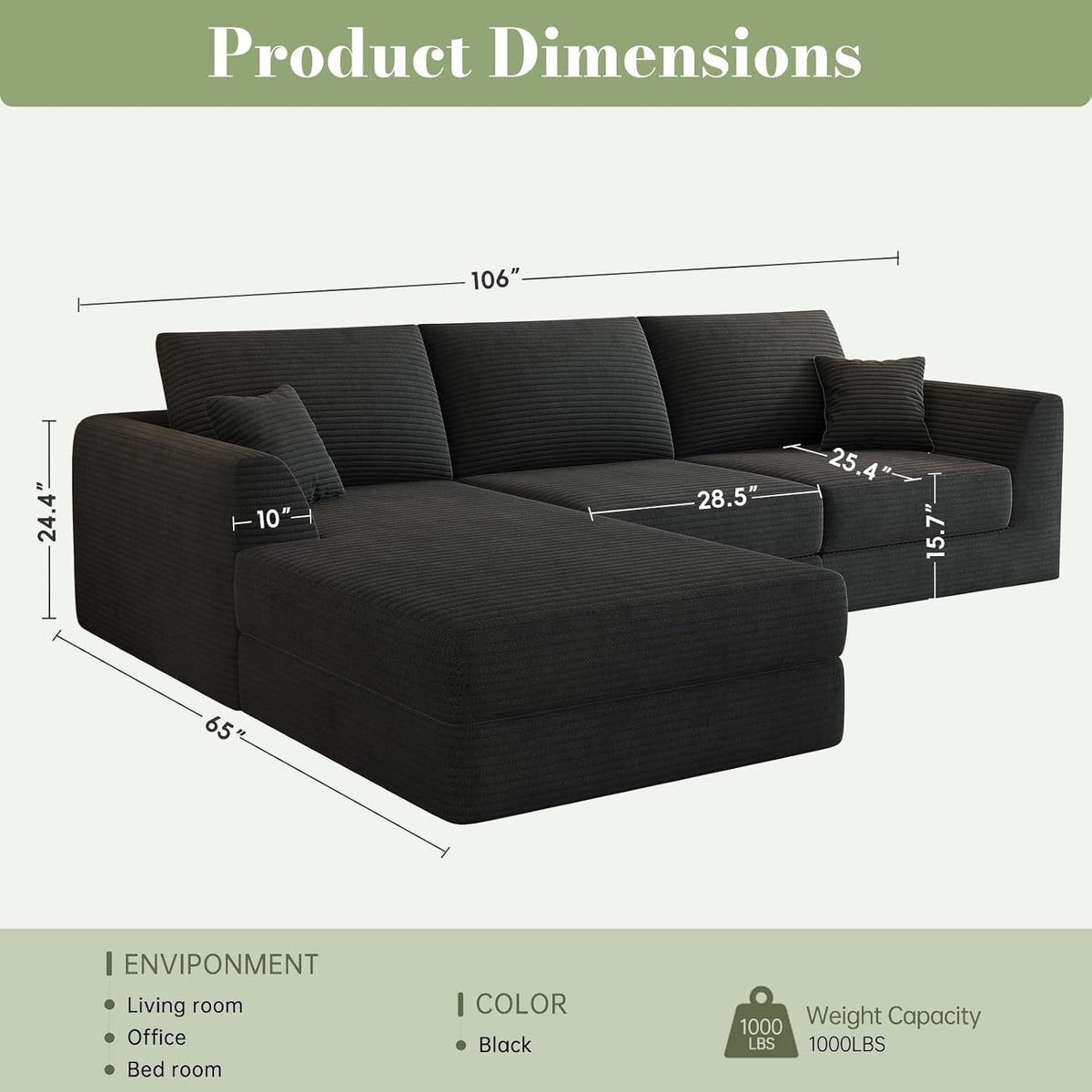 106" Modular Sectional Sofa with Deep Seat, L-Shaped Corduroy Couch with Reversible Chaise, 3-Piece Set for Living Room Bedroom Apartment, No Assembly Required
