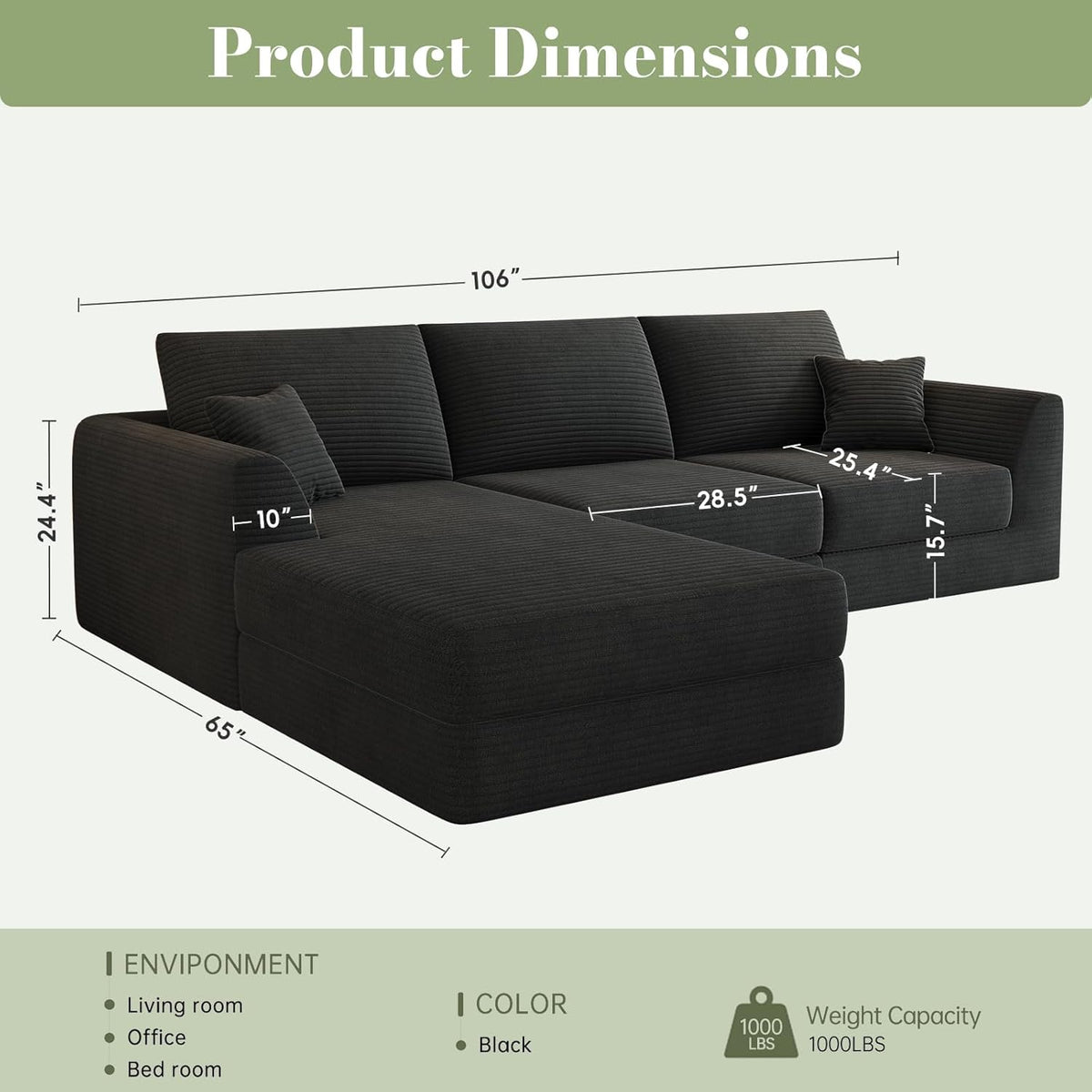 106” Modular Sectional Sofa, Cloud Sectional Couch with Deep Seat, Modern Modular L-Shape Sofa Couch with Chaise,Upholstered Couches for Living Room Bedroom No Assembly Required