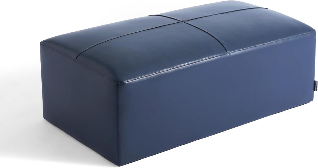 Genuine Leather Ottoman Bench, Upholstered Ottoman Table with Solid Wood Frame, Rectangular Footrest Bench for Living Room, Entryway, Bedroom - Navy Blue