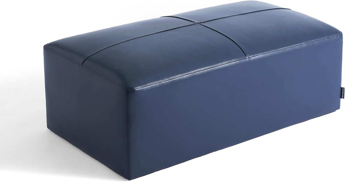 Genuine Leather Ottoman Bench, Upholstered Ottoman Table with Solid Wood Frame, Rectangular Footrest Bench for Living Room, Entryway, Bedroom - Navy Blue