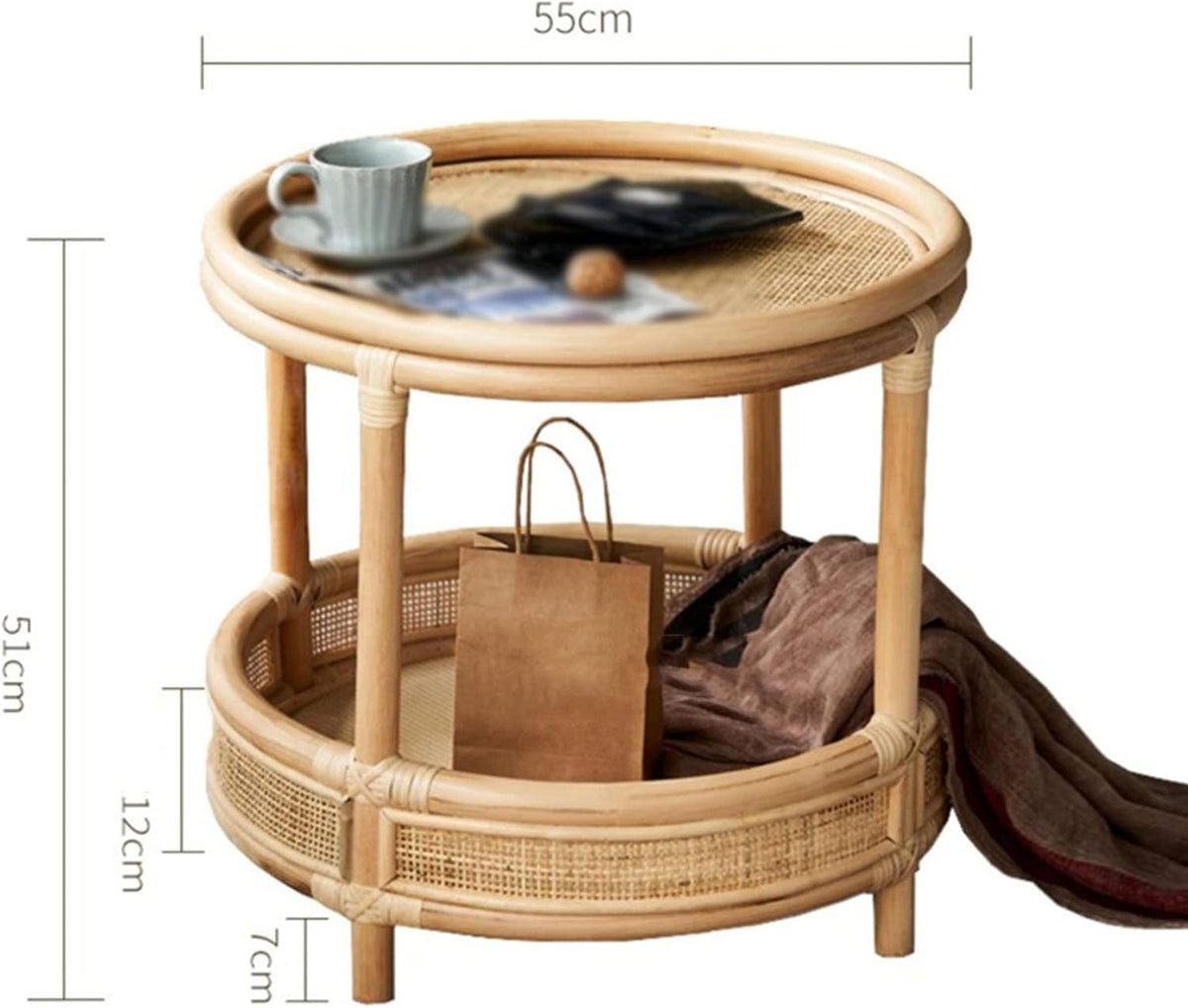 Mlaea Double-Layer Round Rattan Surface/Glass Surface Small Table, Living Room Sofa Side Shelf, Telephone Holder, Large Capacity, Country Style(Size:55 * 51cm,Color:B)