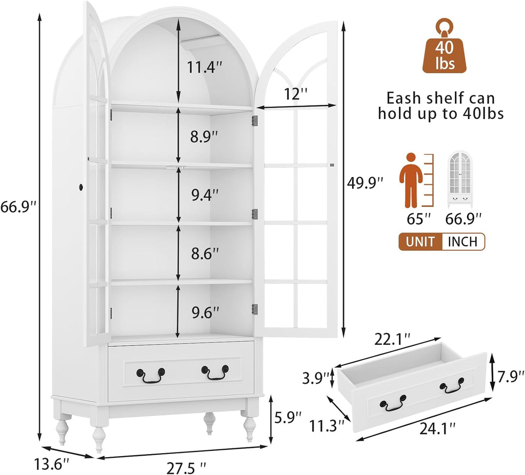 LIVAUVEAD 67" Tall Arched Kitchen Pantry Cabinet with Hidden Drawers & Adjustable Shelves, Bookshelf with Glass Door, Arched Cabinet for Kitchen, Dining Room