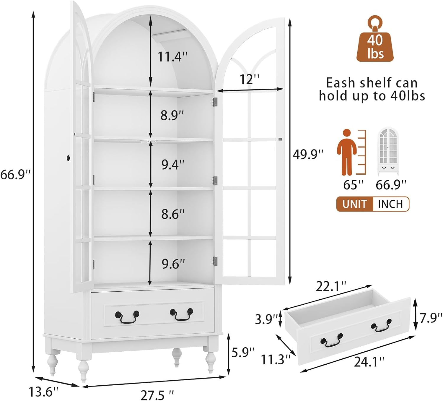 LIVAUVEAD 67" Tall Arched Kitchen Pantry Cabinet with Hidden Drawers & Adjustable Shelves, Bookshelf with Glass Door, Arched Cabinet for Kitchen, Dining Room