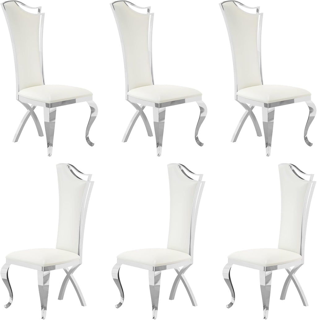 Asday Dining Chairs Set of 6, White Faux Leather and Silver Streamlined High Back Dining Room Chairs with Curved and X Stainless Steel Legs