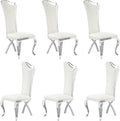 Asday Dining Chairs Set of 6, White Faux Leather and Silver Streamlined High Back Dining Room Chairs with Curved and X Stainless Steel Legs