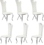 Asday Dining Chairs Set of 6, White Faux Leather and Silver Streamlined High Back Dining Room Chairs with Curved and X Stainless Steel Legs