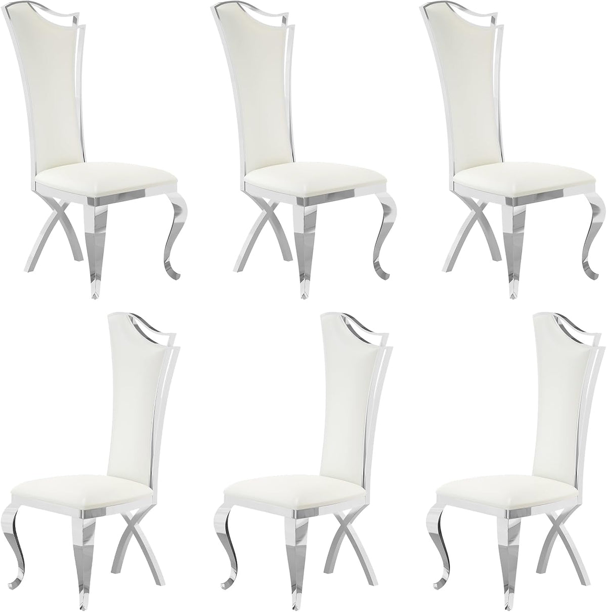 Asday Dining Chairs Set of 6, White Faux Leather and Silver Streamlined High Back Dining Room Chairs with Curved and X Stainless Steel Legs