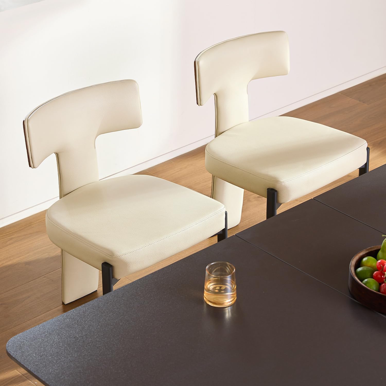GrandNoor Beige Dining Chairs Set of 4,Faux Leather Dining Chairs with Soft Cushion,Comfortable Upholstered Armless Dining Room Chairs with Curved Plywood Back