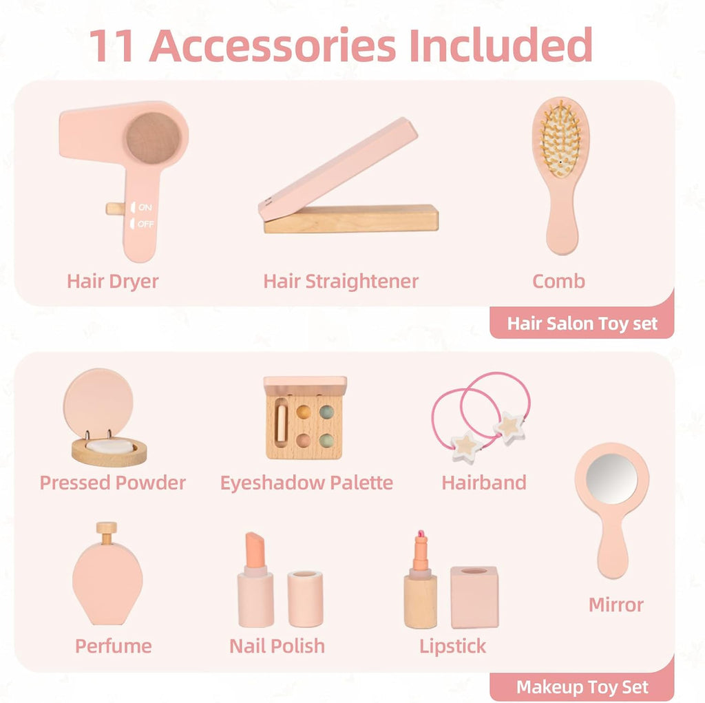 OOOK Toddler Vanity Set with 11pcs Accessories, Kids Vanity Table Chair Set | FSC Safety, Pink Pretend Makeup Toy with Straw Weaving Decor, Suitable for Girls Aged 3+