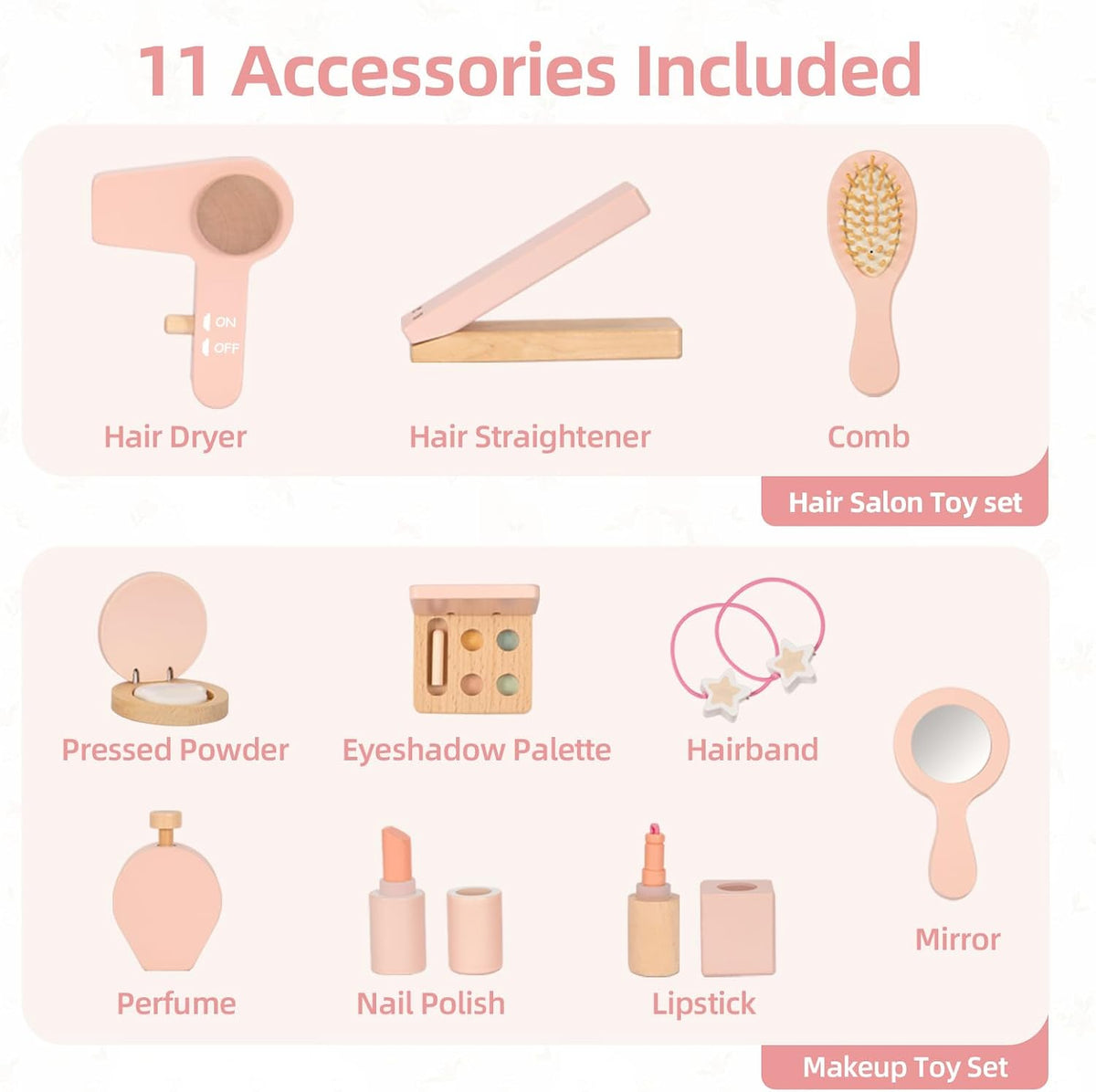 OOOK Toddler Vanity Set with 11pcs Accessories, Kids Vanity Table Chair Set | FSC Safety, Pink Pretend Makeup Toy with Straw Weaving Decor, Suitable for Girls Aged 3+