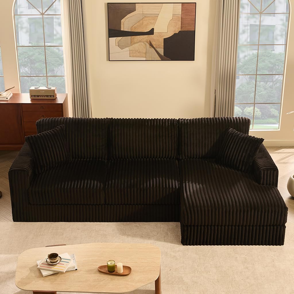 GOSUHI 113" L-Shaped Cloud Couch, Modular Sectional, Deep Seats, Black | Pocket Spring Cushions, Oversized 3-Seater, Right Facing Chaise, Corduroy Upholstery Couches for Living Room