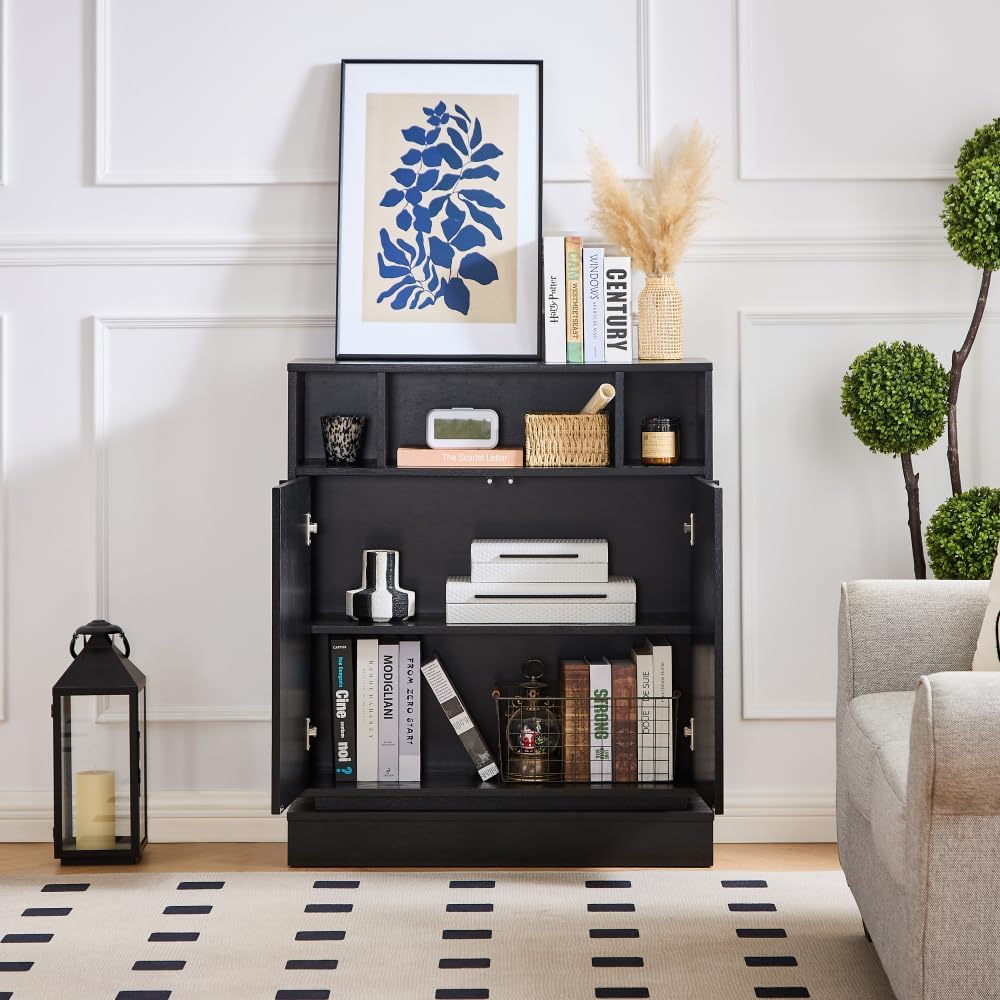 Small Sideboard Buffet Cabinet with Storage, 31.7" Farmhouse Accent Cabinet with 2 Doors, Adjustable Shelves and Open Shelf for Dining Room, Kitchen, Living Room and Entryway, Black