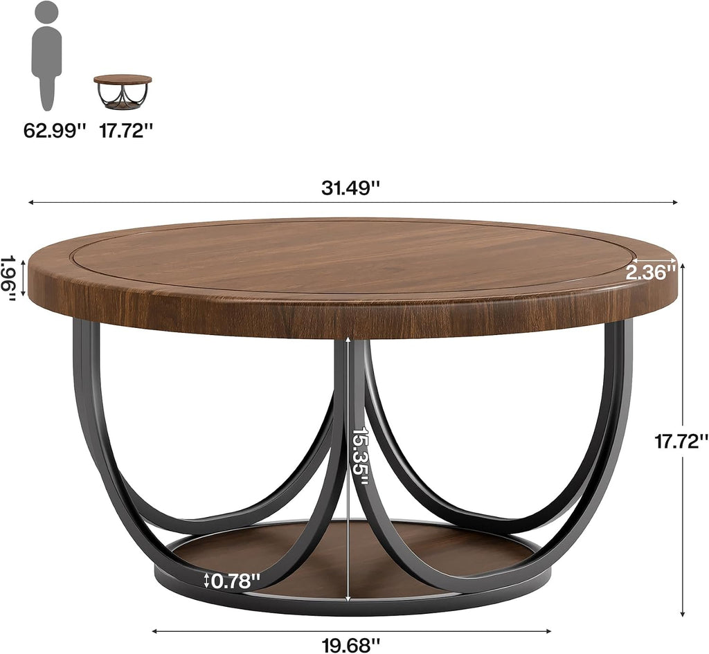 Tribesigns Round Coffee Table with 2 Tiers, 31.5" Wooden Circle Accent Cocktail Table with Storage Shelf and Metal Frame, Industrial Center Tables for Living Room, Brown & Black