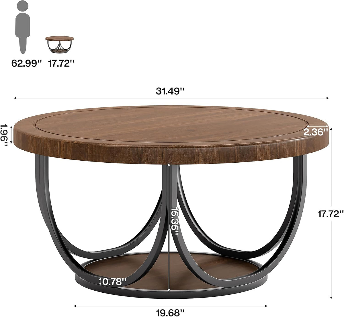 Tribesigns Round Coffee Table with 2 Tiers, 31.5" Wooden Circle Accent Cocktail Table with Storage Shelf and Metal Frame, Industrial Center Tables for Living Room, Brown & Black